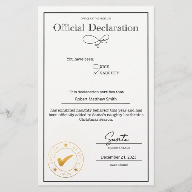 Deklaration der Santa Naughty-Liste bearbeitet (Vorderseite)