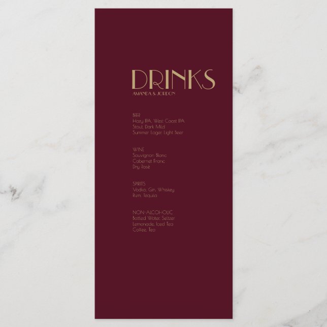Deko | Burgund Wedding Drink Menu Menükarte (Vorderseite)
