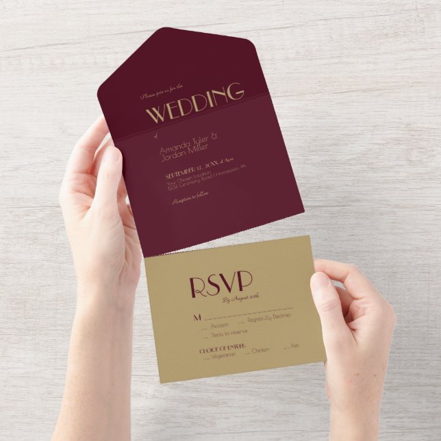 Deko | Burgundy Wedding All In One Einladung (Abreißen)