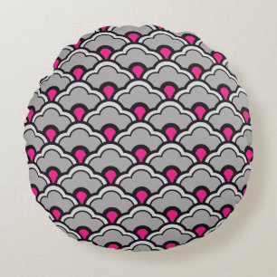 Deko Chinesische Scallops, grau / grau, schwarz un Rundes Kissen