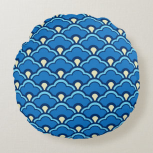 Deko Chinesische Scallops, Ocean Blue und Indigo Rundes Kissen