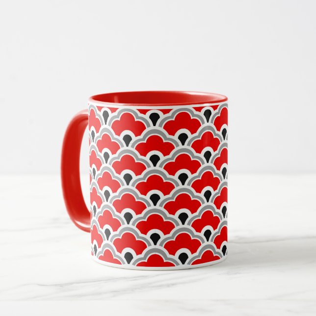 Deko Chinesische Scallops, rot, grau, schwarz und  Tasse (Vorderseite Links)