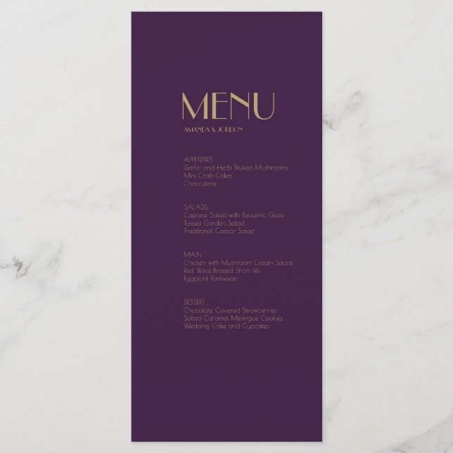 Deko | Dark Lila Dinner Drink Menu Menükarte (Vorderseite)