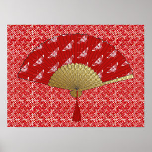 Deko-Fan - Schmetterlinge, dunkelrot und weiß Poster