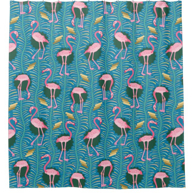 Deko-Farn-blaues Gold der Flamingo-Vogel-20s Duschvorhang (Vorderseite)