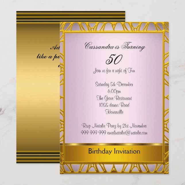 Deko Gold 50. Geburtstag Einladung Rosa (Vorne/Hinten)