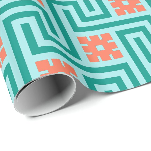 Deko griechischer Schlüssel, Türkis, Aqua und Kora Geschenkpapier (Rolleneckpunkt)