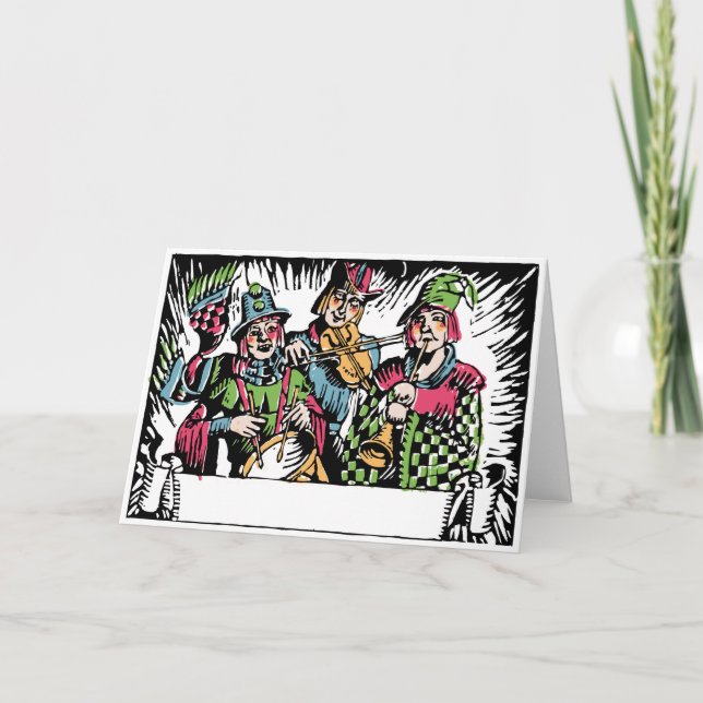 Deko-Holzschnitt-Straßen-MusikerCarolers Feiertagskarte (Vorderseite)