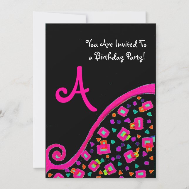 DEKO MONOGRAM BIRTHDAY PARTEI, fuchsienschwarzes G Einladung (Vorderseite)