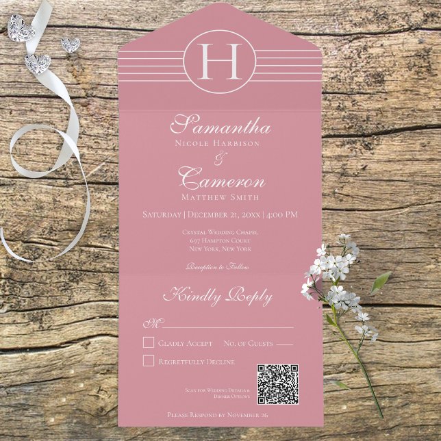 Deko Monogram Modern Dusty Pink QR Code All In One Einladung (Von Creator hochgeladen)