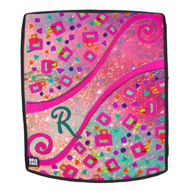 DEKO MONOGRAM Pink Fuchsia Blue Green Dots Square Rucksack (Abnehmbare Front)