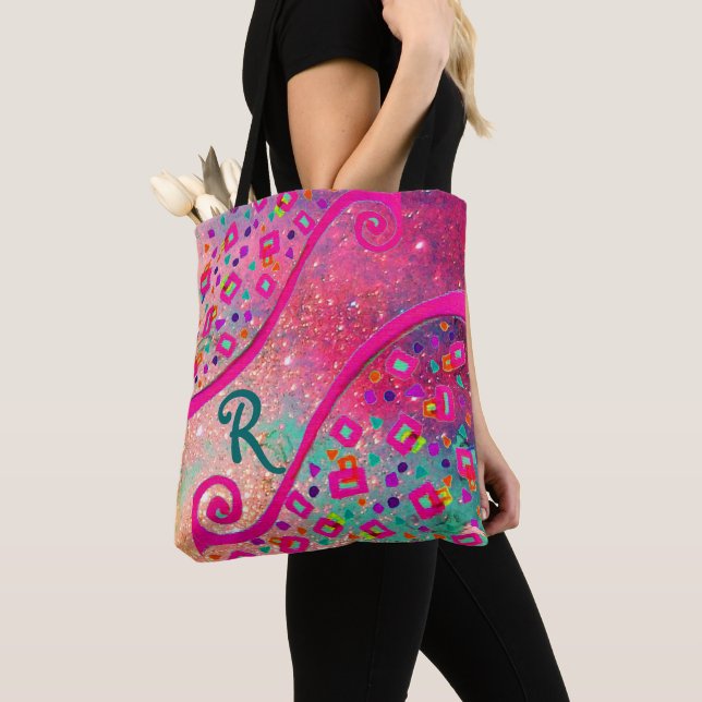 Deko MONogram Pink Fuchsia Blue Green Dots Square Tasche (Von Nahem)