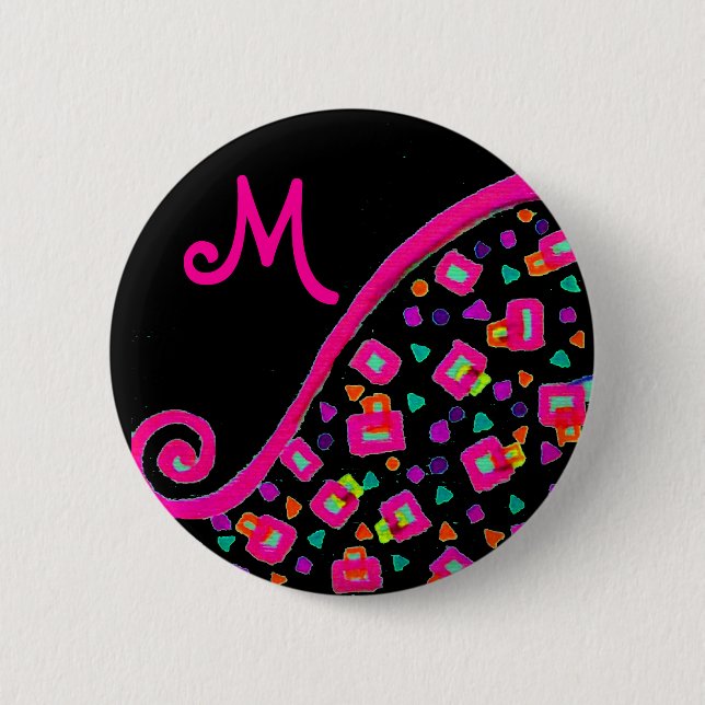 DEKO MONOGRAM Rosa Fuchsiengelbes Schwarz Button (Vorderseite)
