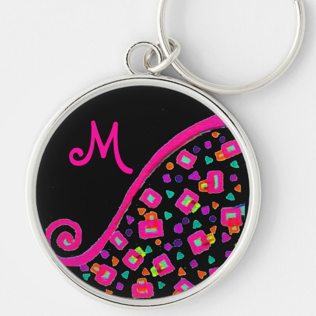 DEKO MONOGRAM Rosa Fuchsiengelbes Schwarz Schlüsselanhänger (Vorne)