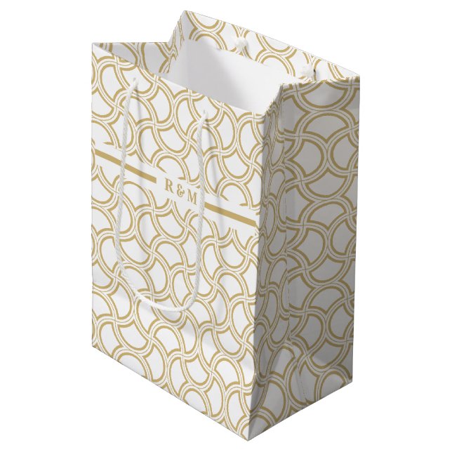Deko-Muster aus Gold und Weiß Mittlere Geschenktüte (Vorderseite Schrägansicht)