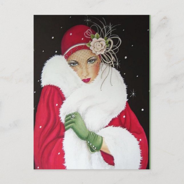 Deko Retro Weihnachtsfrau Feiertagspostkarte (Vorderseite)