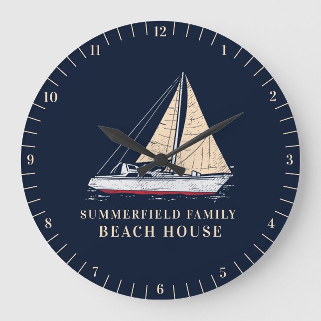 Dekor des Nautical Family Sailboat Beach House Große Wanduhr (Vorderseite)