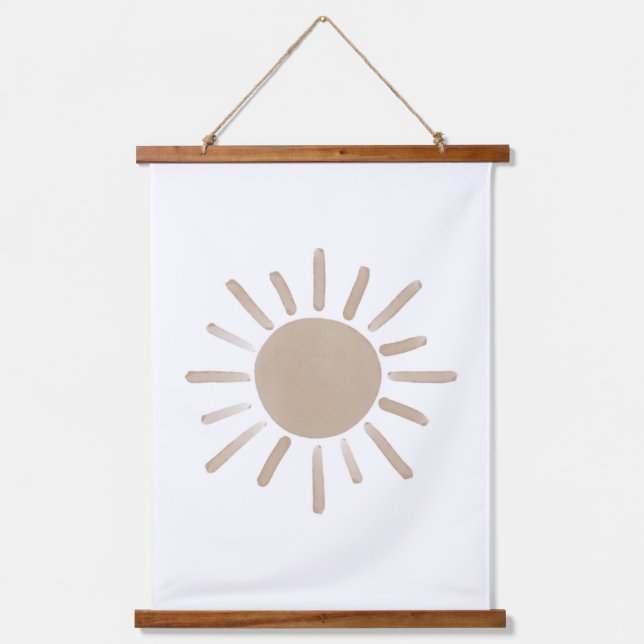 Dekor des neutralen Sun Boho-Kinderzimmers Wandteppich Mit Holzrahmen (Vorderseite)