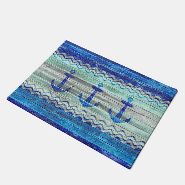 Dekoration der Rustikalen Navy Blue Coastal Anker Fußmatte (Schrägansicht)