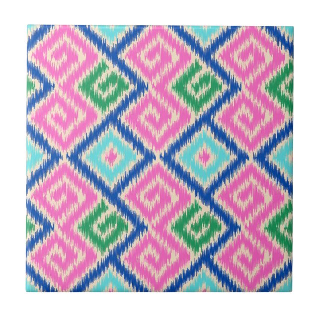 Dekorativ bunt Hübsch mexikanischer Ikat Pink Blue Fliese (Vorderseite)