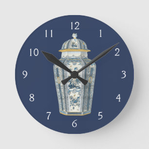 Dekorative asiatische Urne in Blauem u. in weißem Runde Wanduhr