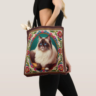 Dekorative Birma-Katze Bunte Blumen Grenze Tasche
