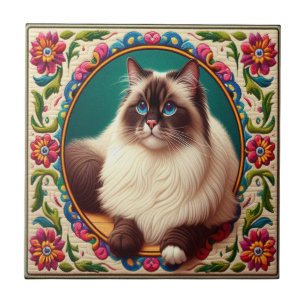 Dekorative Birman Cat farbenfrohe Blume Grenze Fliese