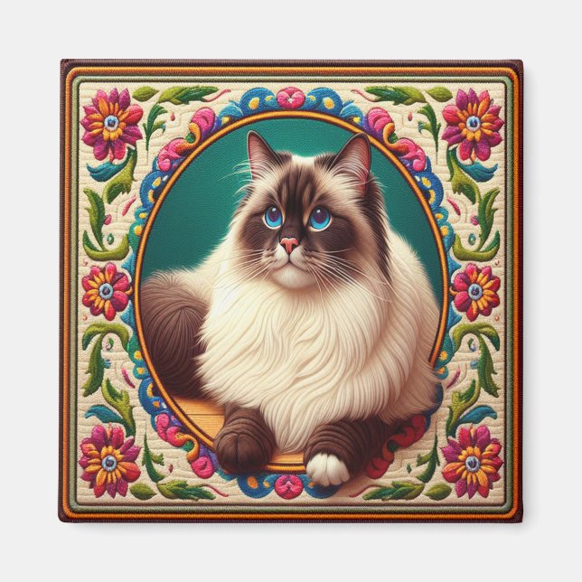 Dekorative Birman Cat farbenfrohe Blume Grenze Magnet (Vorne)