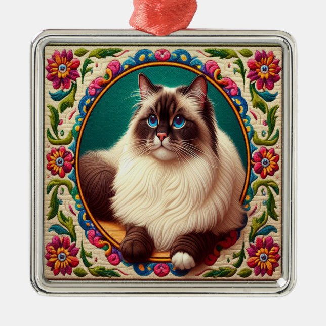 Dekorative Birman Cat farbenfrohe Blume Grenze Ornament Aus Metall (Vorne)