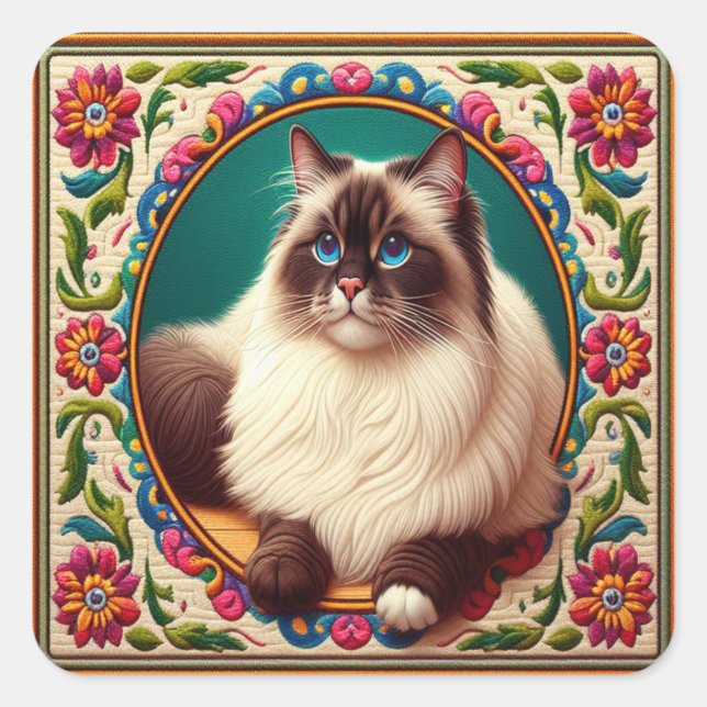 Dekorative Birman Cat farbenfrohe Blume Grenze Quadratischer Aufkleber (Vorderseite)