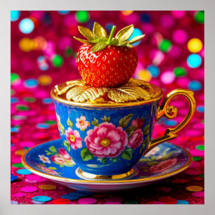 Dekorative blaue Blumen-Teetasse mit goldenen Deta Poster