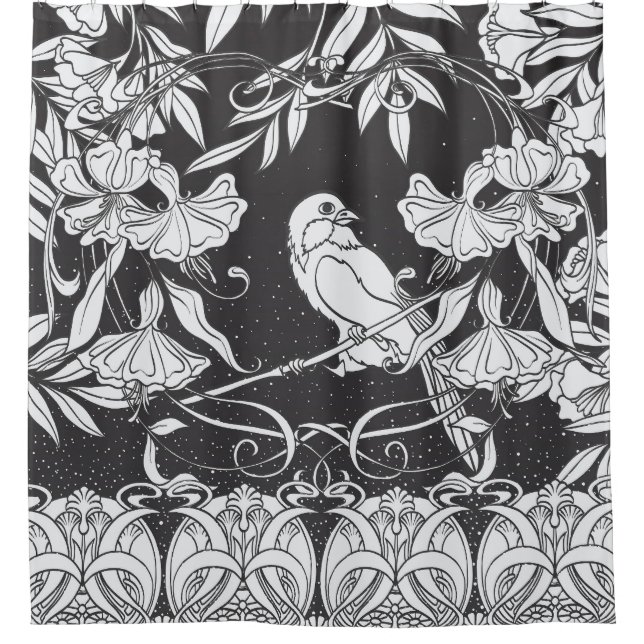 Dekorative Blume Bird Nouveau Poster Duschvorhang (Vorderseite)
