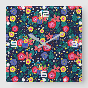 Dekorative Blume und Blätter, Muster-48675 Quadratische Wanduhr