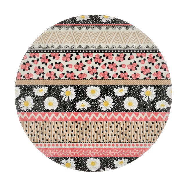 Dekorative Blumen: Patchwork-Kachel-Muster Schneidebrett (Vorderseite)
