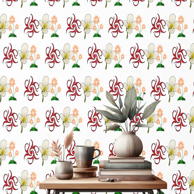 Dekorative Blumenmotive Rotes weißes Muster Tapete (Decorative Floral Motifs Red White Peach Pattern Wallpaper)
