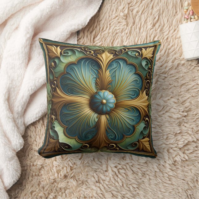 Dekorative Blumenplatte mit türkisfarben und goldf Kissen (Decke)