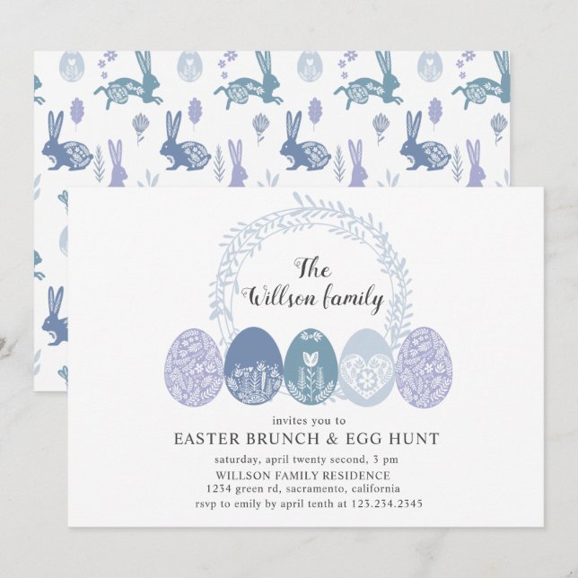 Dekorative Bunny und Ostereier Brunch Einladung (Vorne/Hinten)