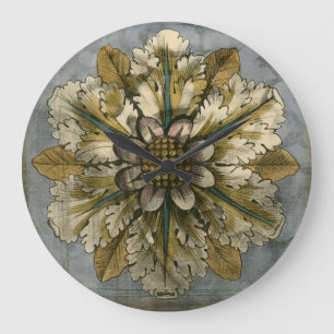 Dekorative Demask Rosette auf grauem Hintergrund Große Wanduhr