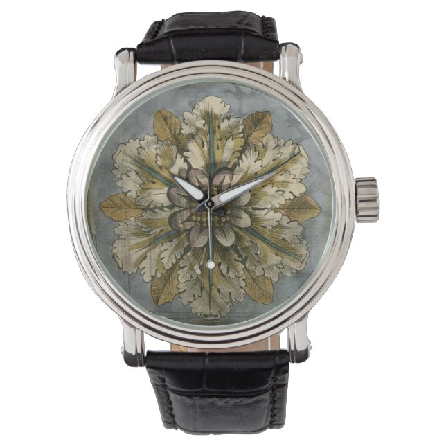 Dekorative Demaskrosette auf grauem Hintergrund Armbanduhr (Vorderseite)