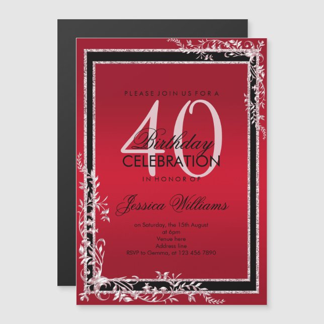 Dekorative Ecken Ruby & Black Birthday Magneteinladung (Vorne/Hinten)