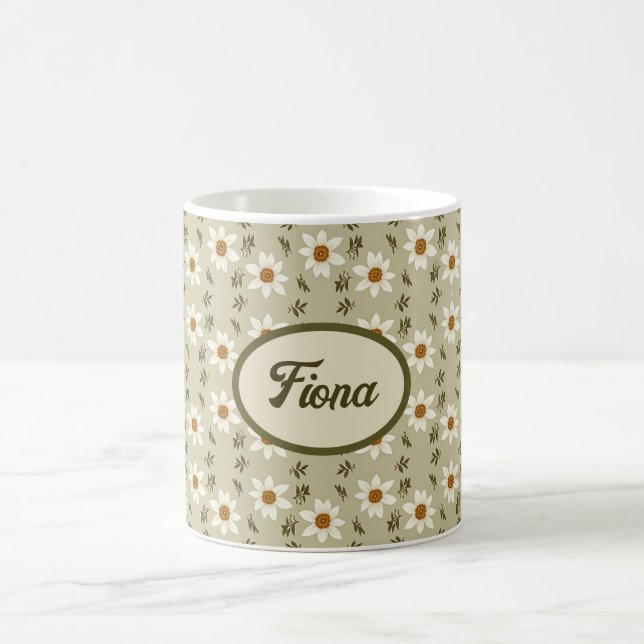 Dekorative Floral in Weiß und Beige Personalisiert Kaffeetasse (Mittel)
