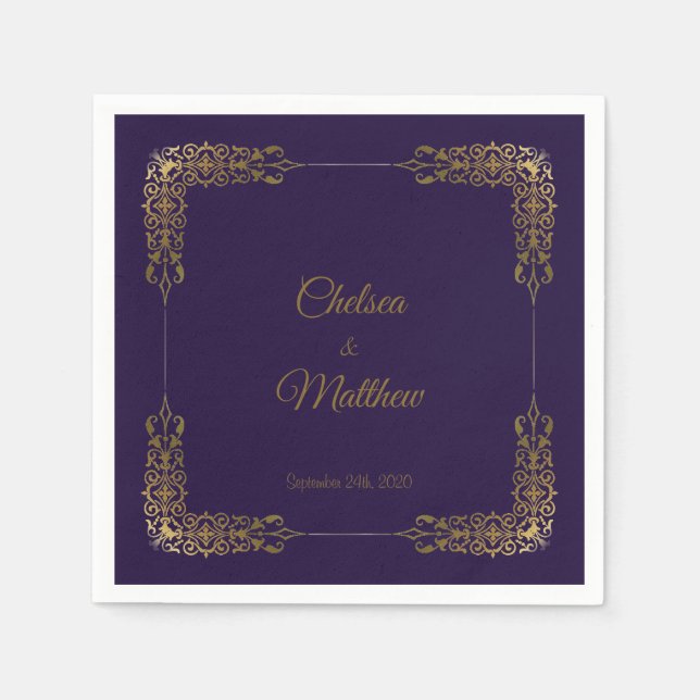 Dekorative Goldgrenze Lila Hochzeit Napkins Serviette (Vorderseite)