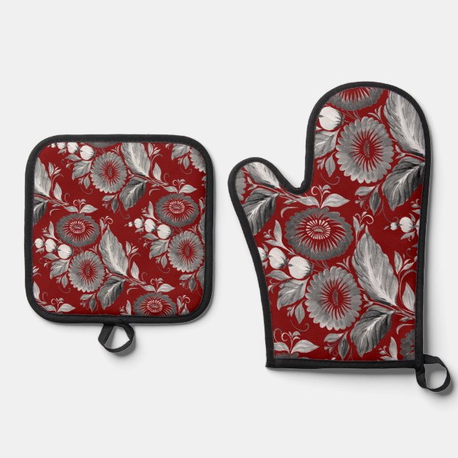 Dekorative graue Blumen  Ofenhandschuh & Topflappen-Set (Vorderseite)