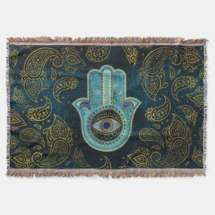 Dekorative Hamsa Hand mit Paisley-Hintergrund Decke