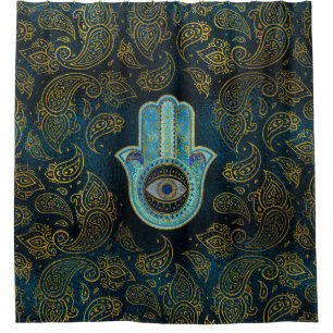 Dekorative Hamsa Hand mit Paisley-Hintergrund Duschvorhang