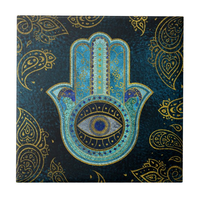 Dekorative Hamsa Hand mit Paisley-Hintergrund Fliese (Vorderseite)