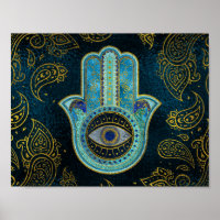 Dekorative Hamsa Hand mit Paisley-Hintergrund