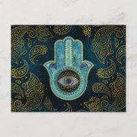 Dekorative Hamsa Hand mit Paisley-Hintergrund