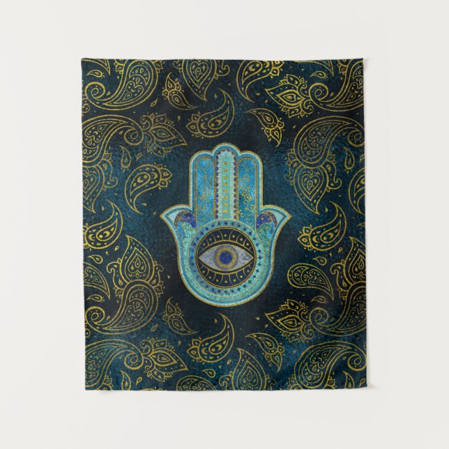 Dekorative Hamsa Hand mit Paisley-Hintergrund Wandteppich (Vorderseite)