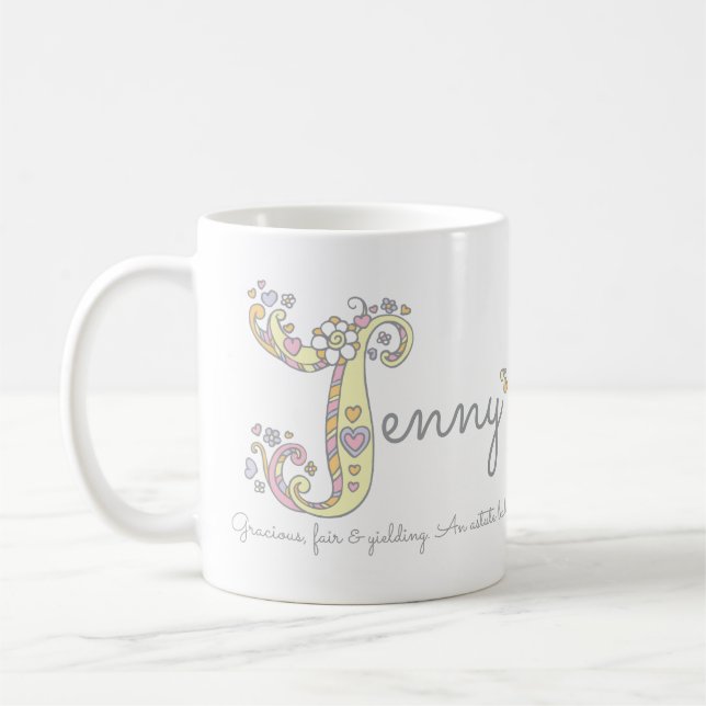 Dekorative J Anfangsnamensbedeutungs-Tasse Jenny Kaffeetasse (Links)